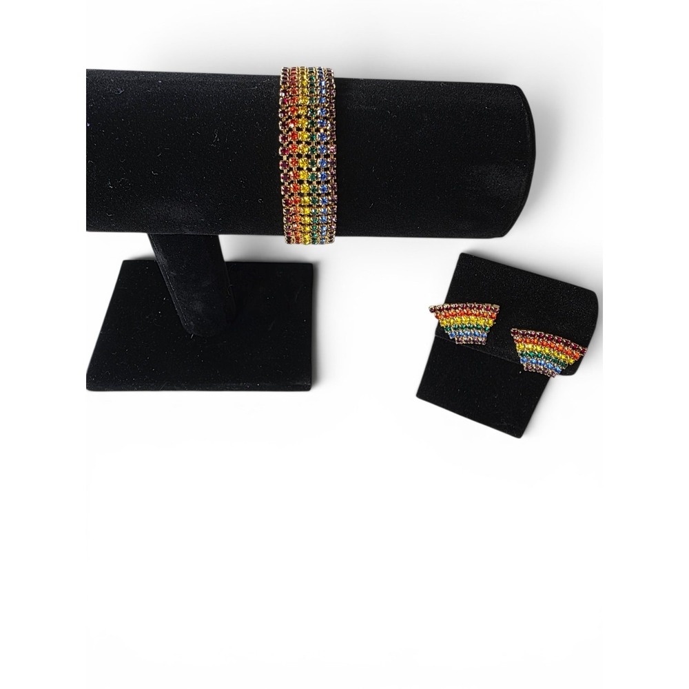 Vintage Rainbow Multicolor Rhinestone Costume Jewelry Set Bracelet & Earrings